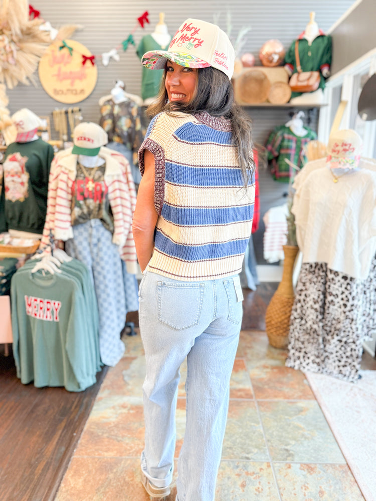 Paisley Stripe Sweater Vest-Blue