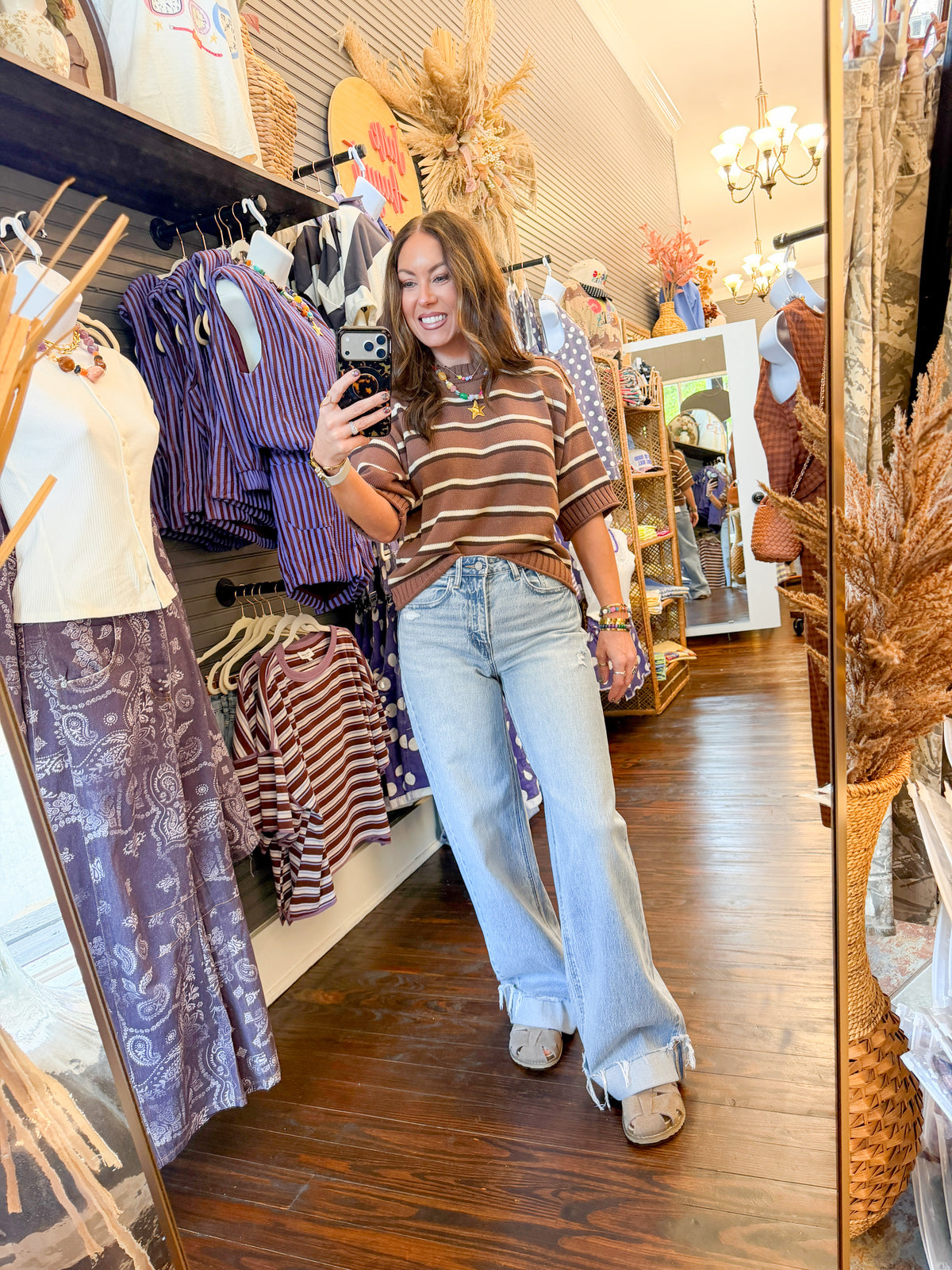 Lucy Striped Sweater Top-Brown