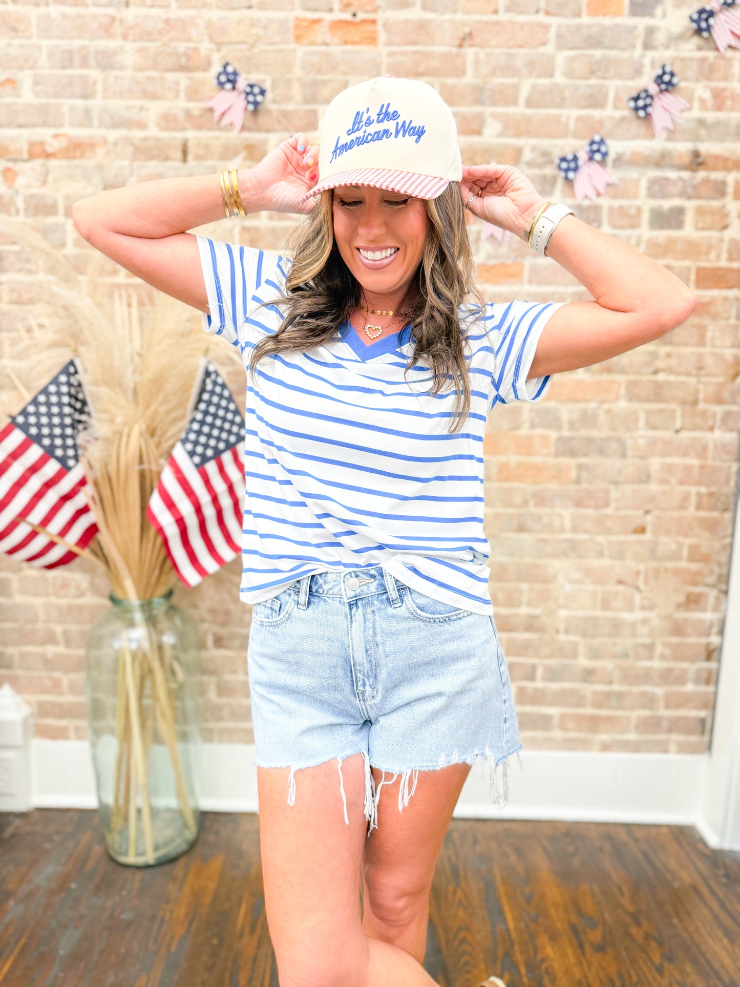 Everly Striped V-neck T-shirt - Blue