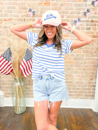 Everly Striped V-neck T-shirt - Blue