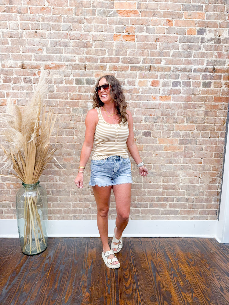 Sammie Button Down Tank Top-Taupe Stripe