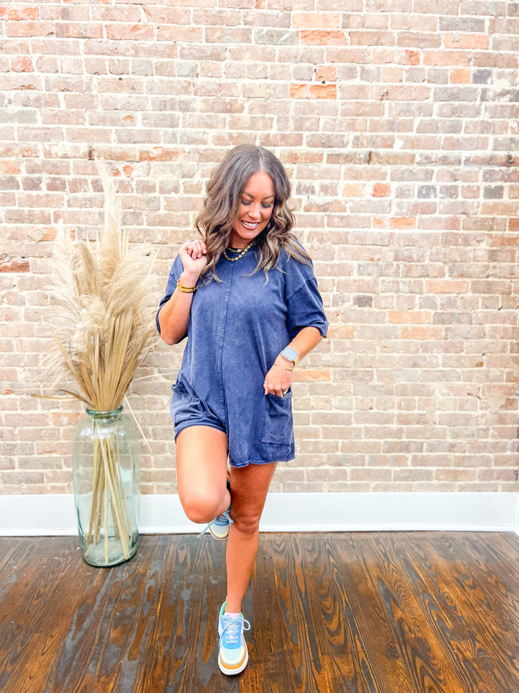 Franny Hot Shot Washed Romper-Navy