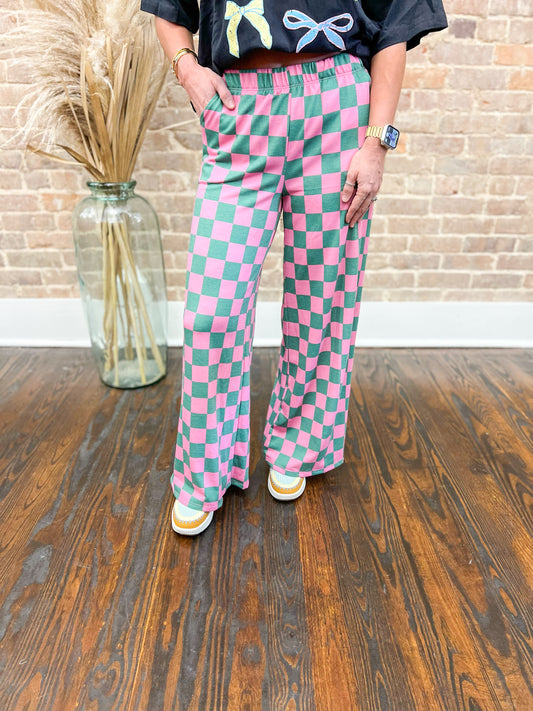 Devyn Checkered Pants-Pink/Green