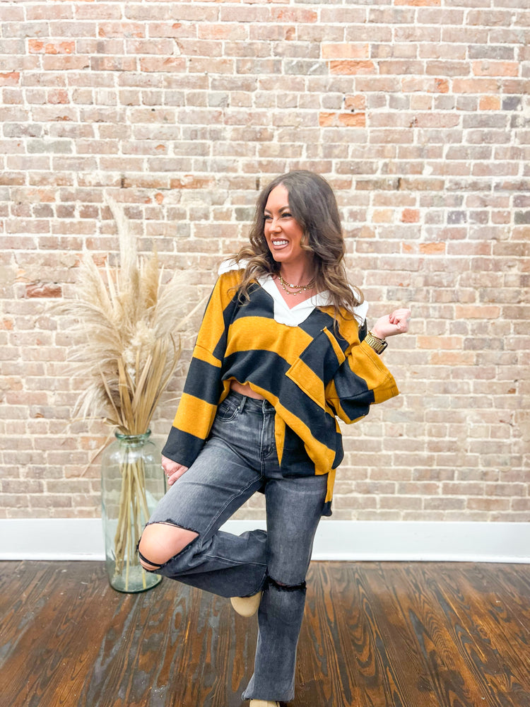 Samantha Oversized Striped Top-Mustard