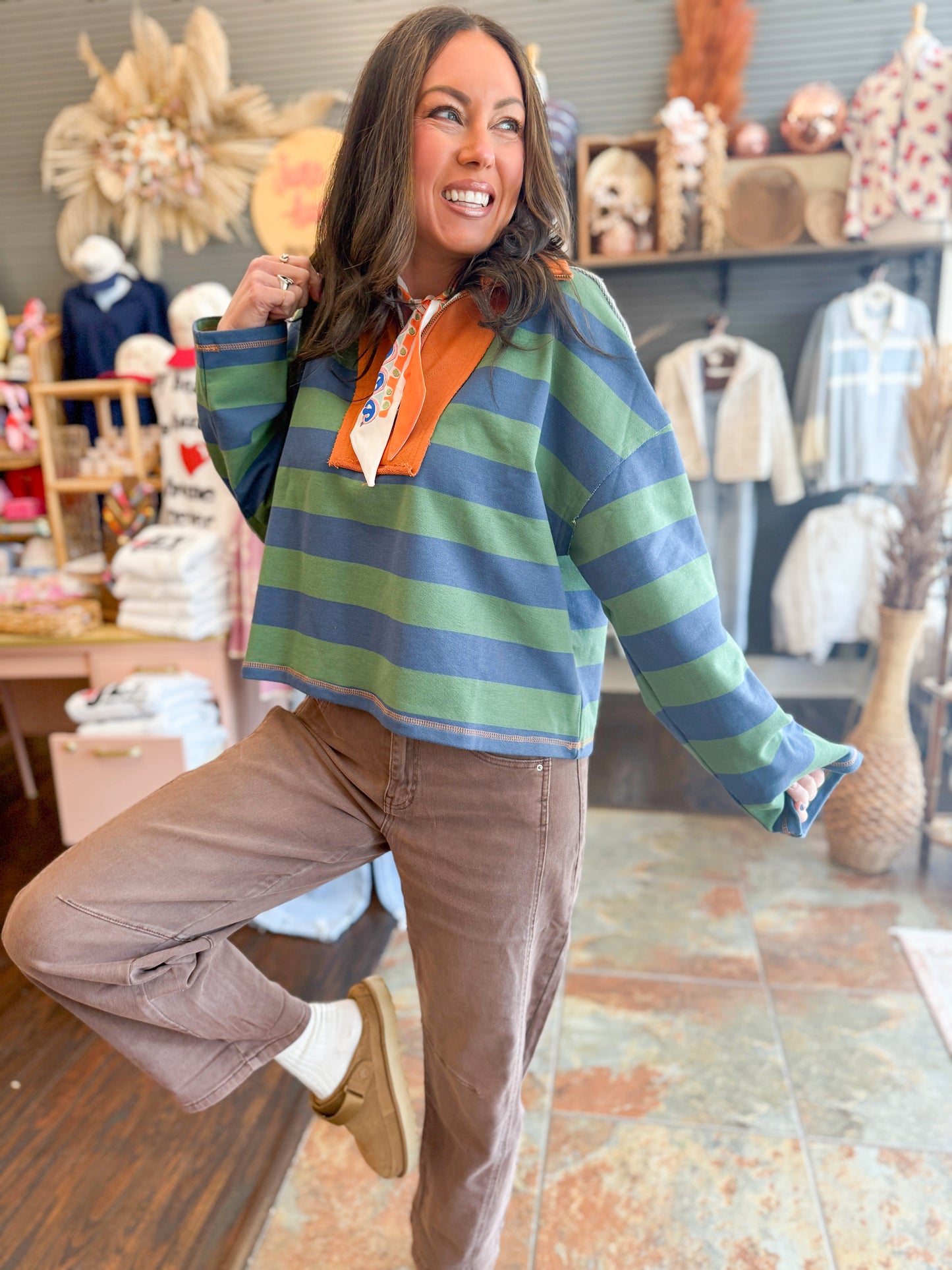 Tessa Colorblock Stripe Top-Green/Blue