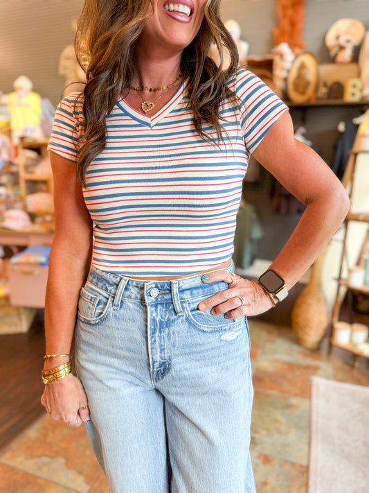 Beatrice Stripped Crop Tee-Ivory/Blue
