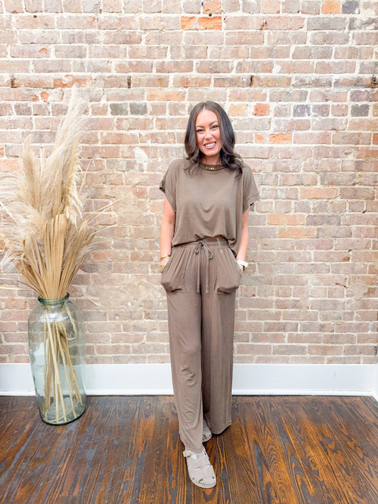 Riley Washed Ribbed Set-Brown