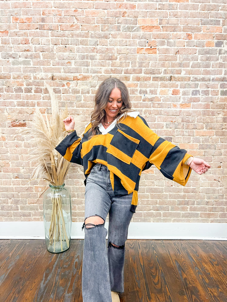 Samantha Oversized Striped Top-Mustard