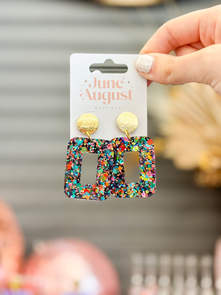 Claire Carnival Glitter Open Square Earrings