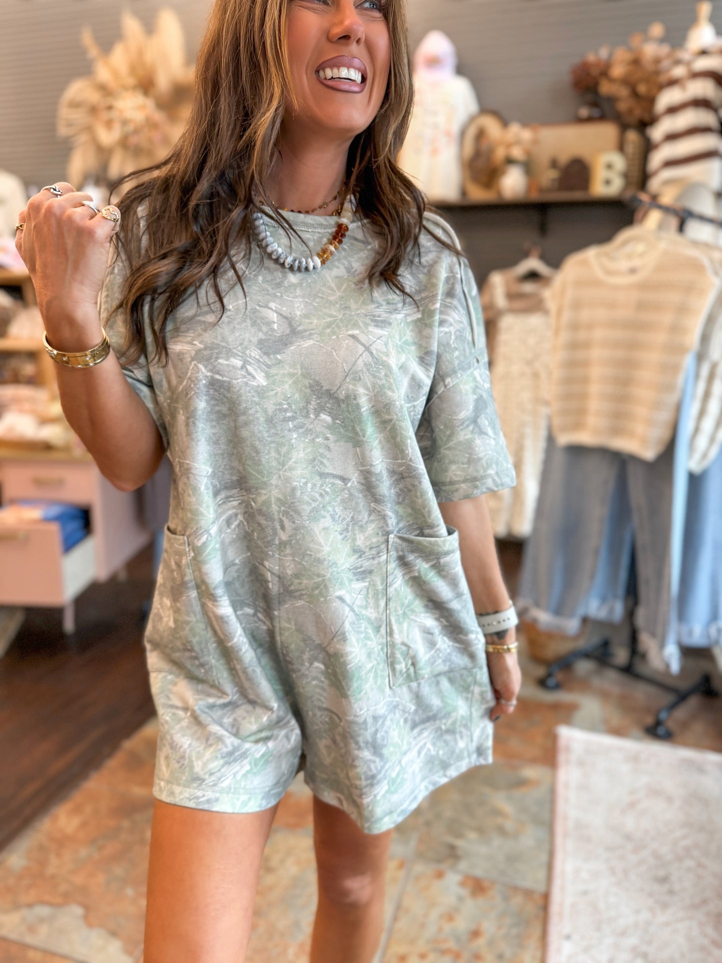 Callie Camo Romper-Olive