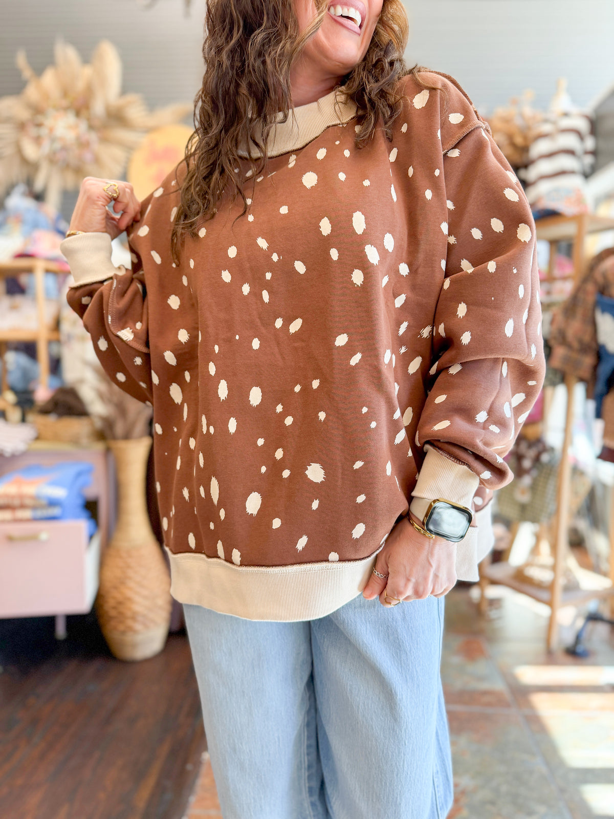 Thankful/Fawn Print Mock Neck Sweatshirt