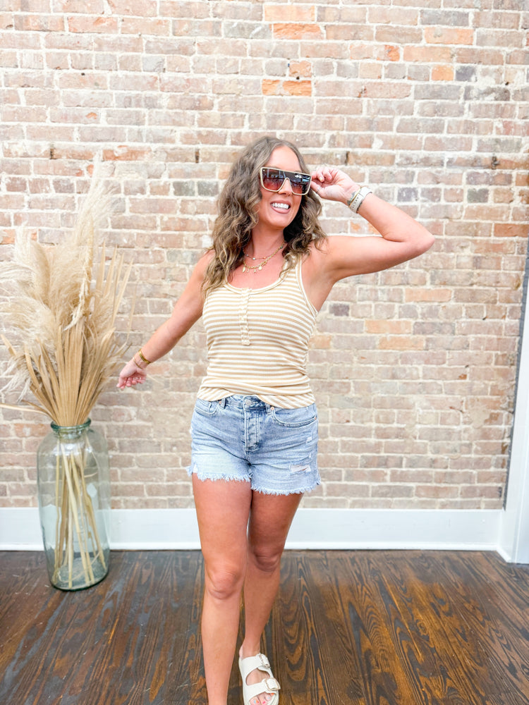 Sammie Button Down Tank Top-Taupe Stripe