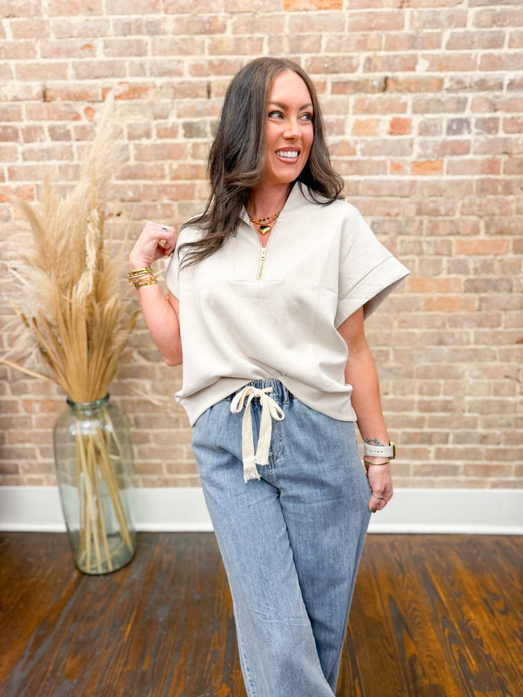 Jennifer Scuba Half Zip Top-Beige