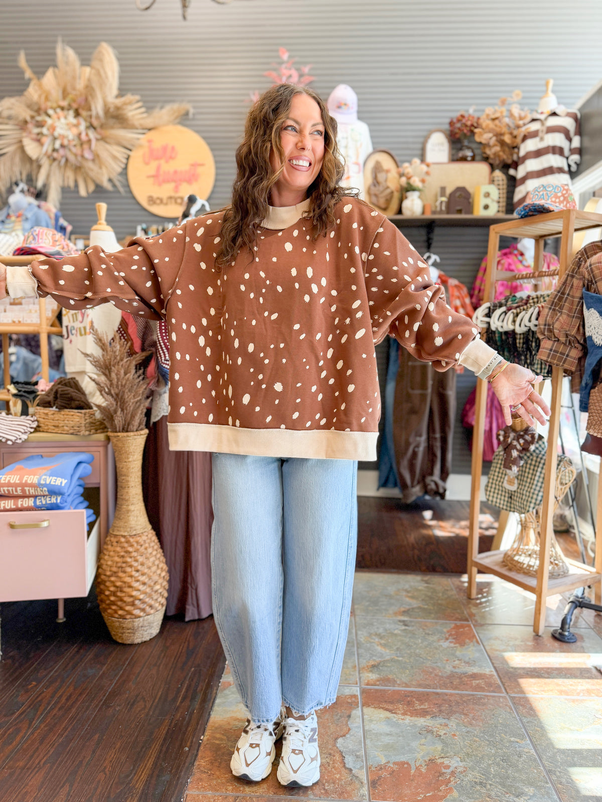 Thankful/Fawn Print Mock Neck Sweatshirt