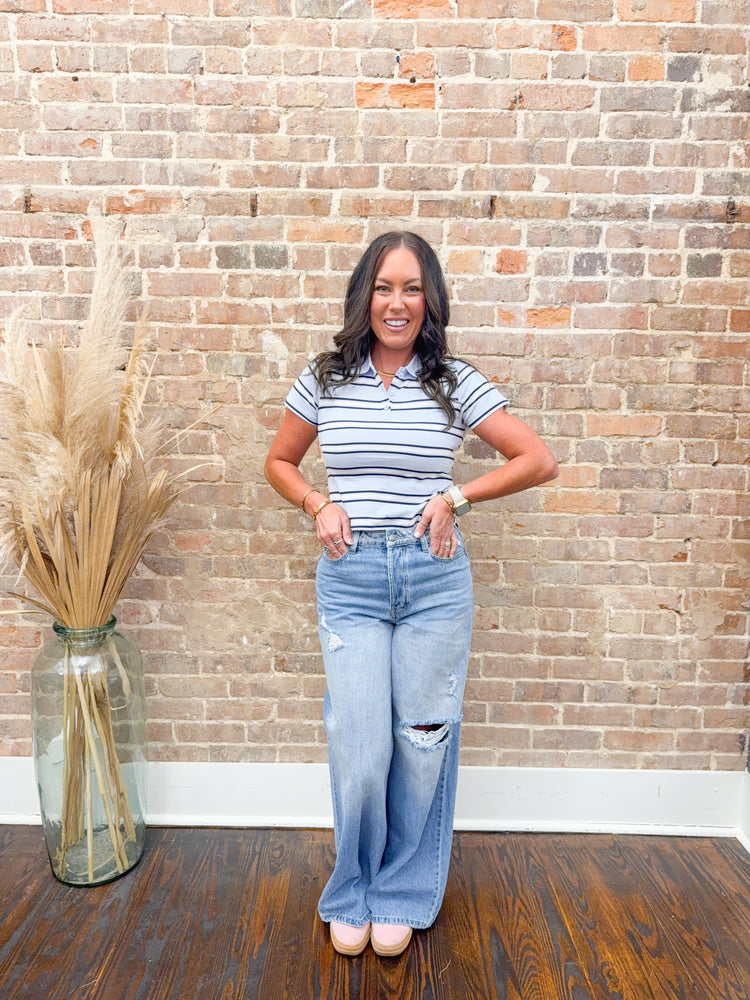 Hattie Multi Striped Polo Top-Blue