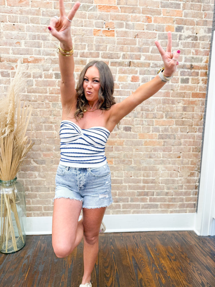 Cara Striped Tube Top-Light Navy