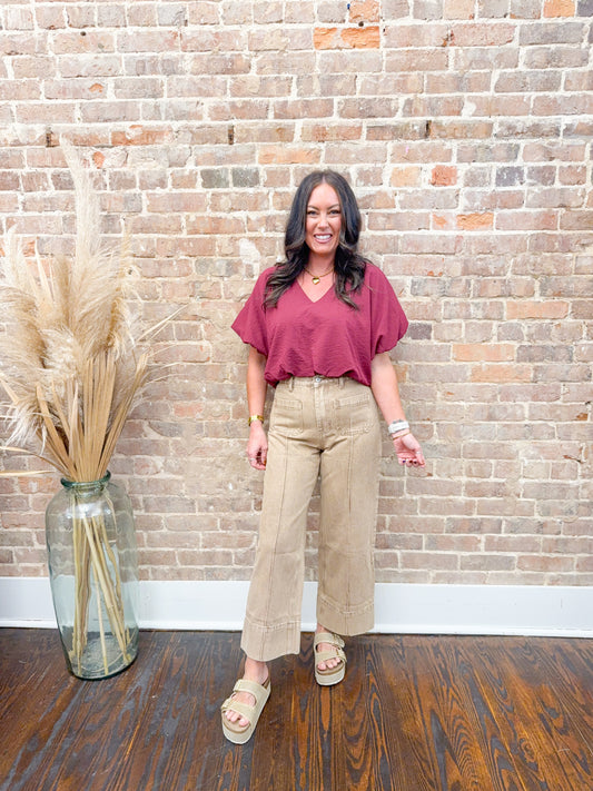 Polly Cropped Bubble Top-Wine