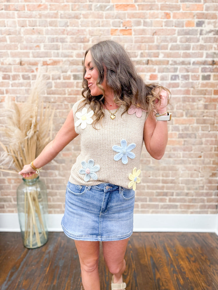Nora Crochet Flower Top-Khaki