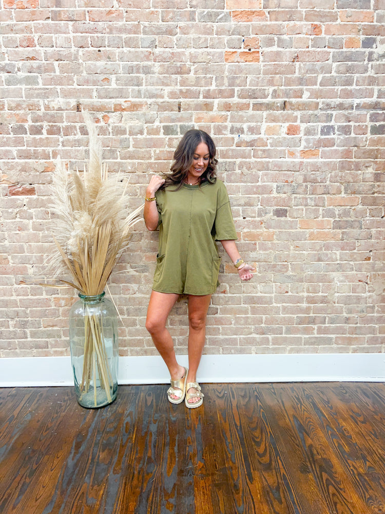 Franny Hot Shot Washed Romper-Olive