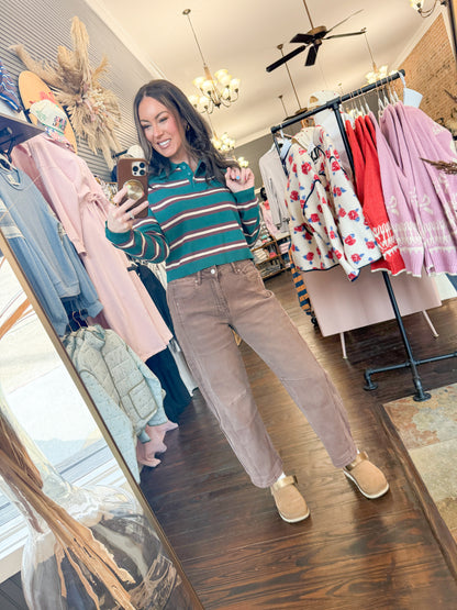 Presley Stripe Sweater Top-Green/Brown