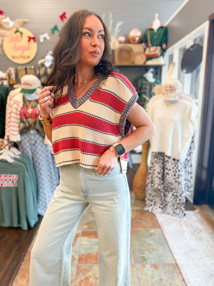 Paisley Stripe Sweater Vest-Red