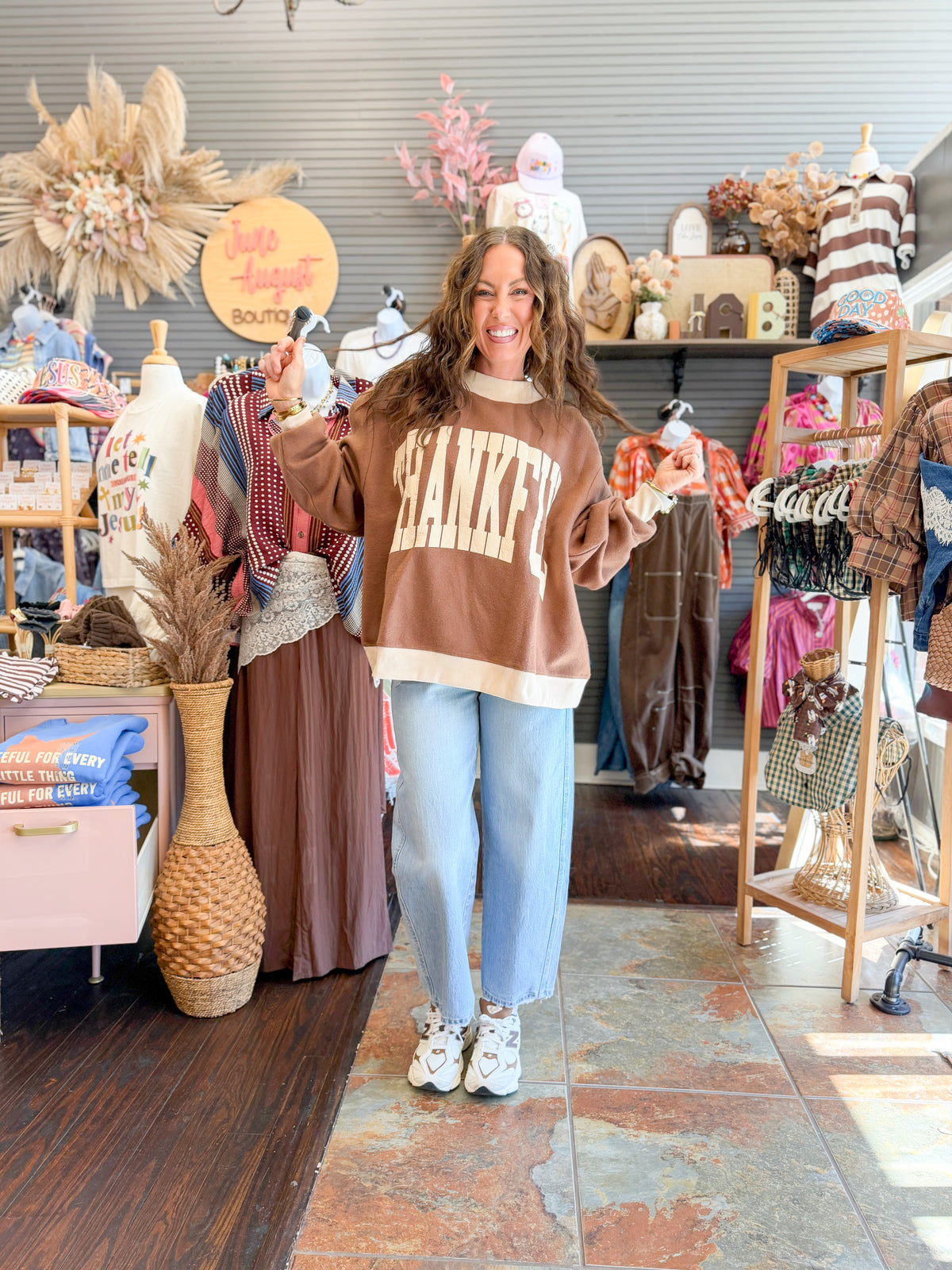 Thankful/Fawn Print Mock Neck Sweatshirt