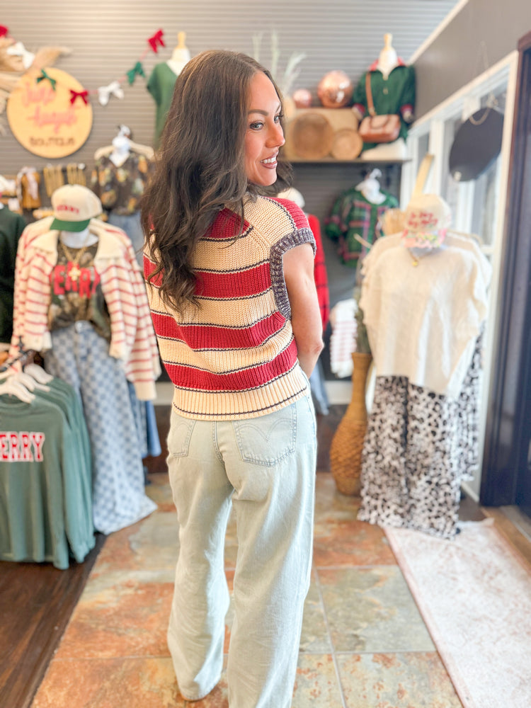 Paisley Stripe Sweater Vest-Red