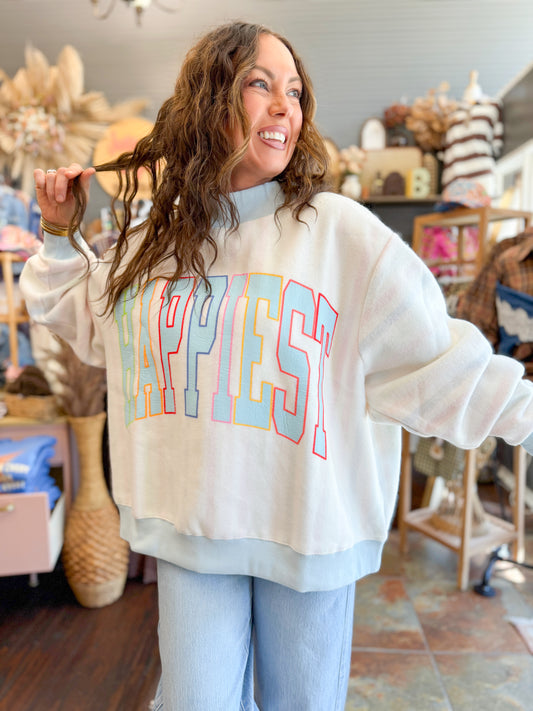 Happiest/Stripes Print Mock Neck Sweatshirt