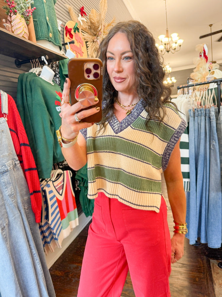 Paisley Stripe Sweater Vest-Olive