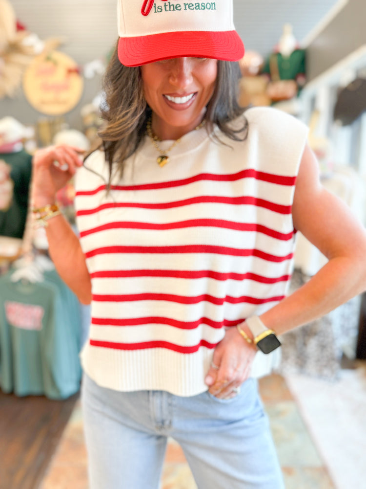 Stevie Oversized Striped Sweater Vest-Red