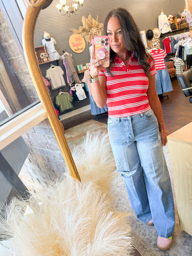 Hattie Multi Striped Polo Top-Red