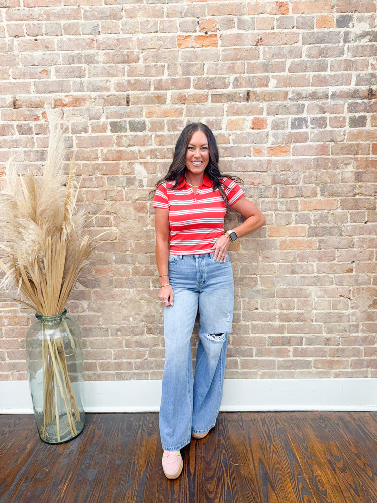 Hattie Multi Striped Polo Top-Red