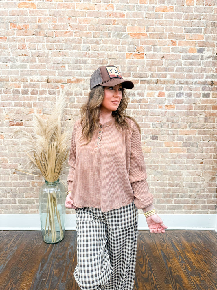 Molly Waffle Knit Top-Brown