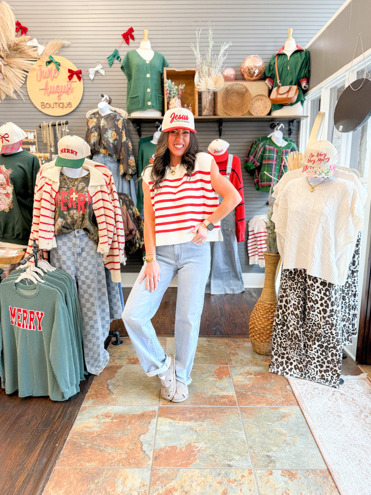 Stevie Oversized Striped Sweater Vest-Red