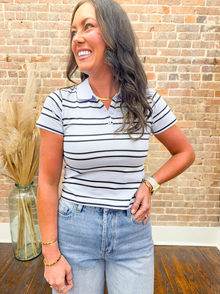 Hattie Multi Striped Polo Top-Blue