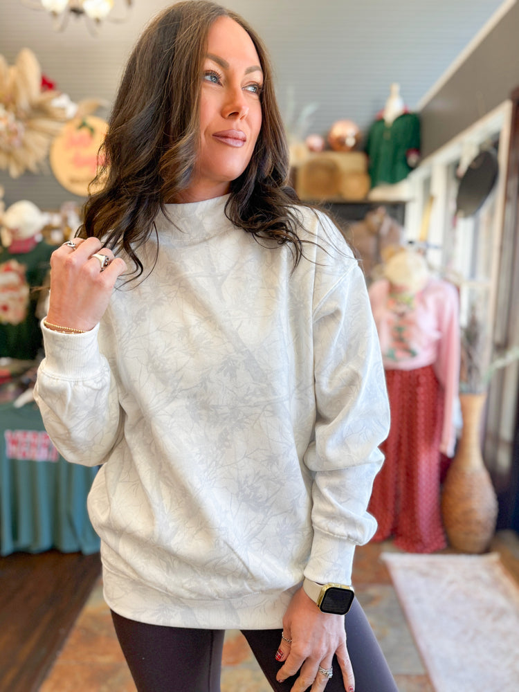 Camo Mock Neck Sweatshirt-White Camo