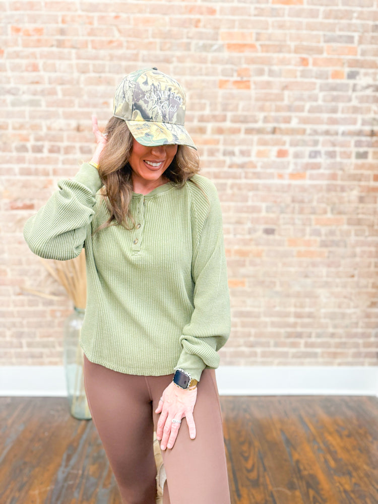 Molly Waffle Knit Top-Moss