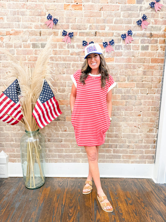 Annie Striped T-shirt Dress - Red